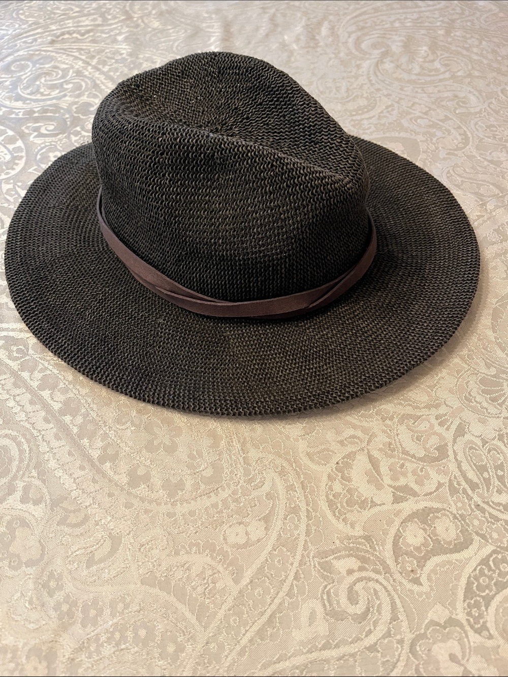 Free People Black Braided paper Fedora with Brown Band Trim in EUC